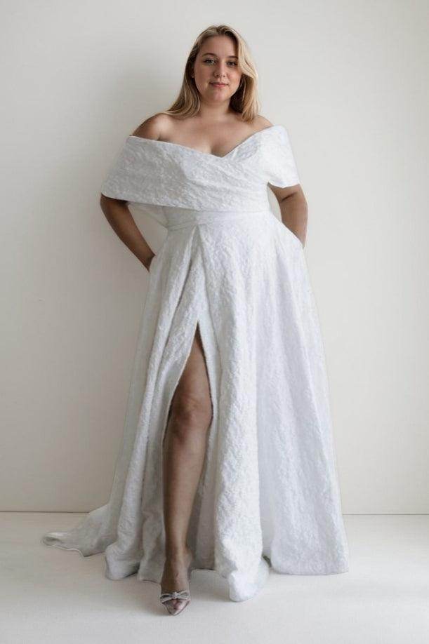 A-Line Sweep-Brush Train Jacquard Satin Wedding Dress CW3481 - COCOMELODY